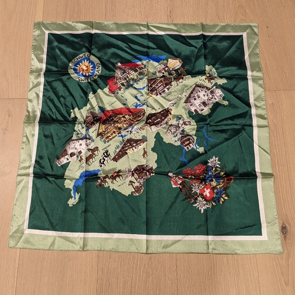 None Accessories - Green Silk Scarf with Swiss Map Design